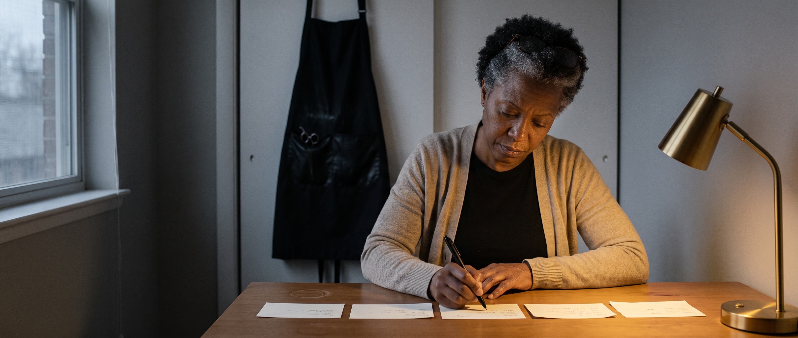 A former salon owner, her apron hanging on the door behind her, writes out the week's commitments on index cards at a desk lit by a brass lamp