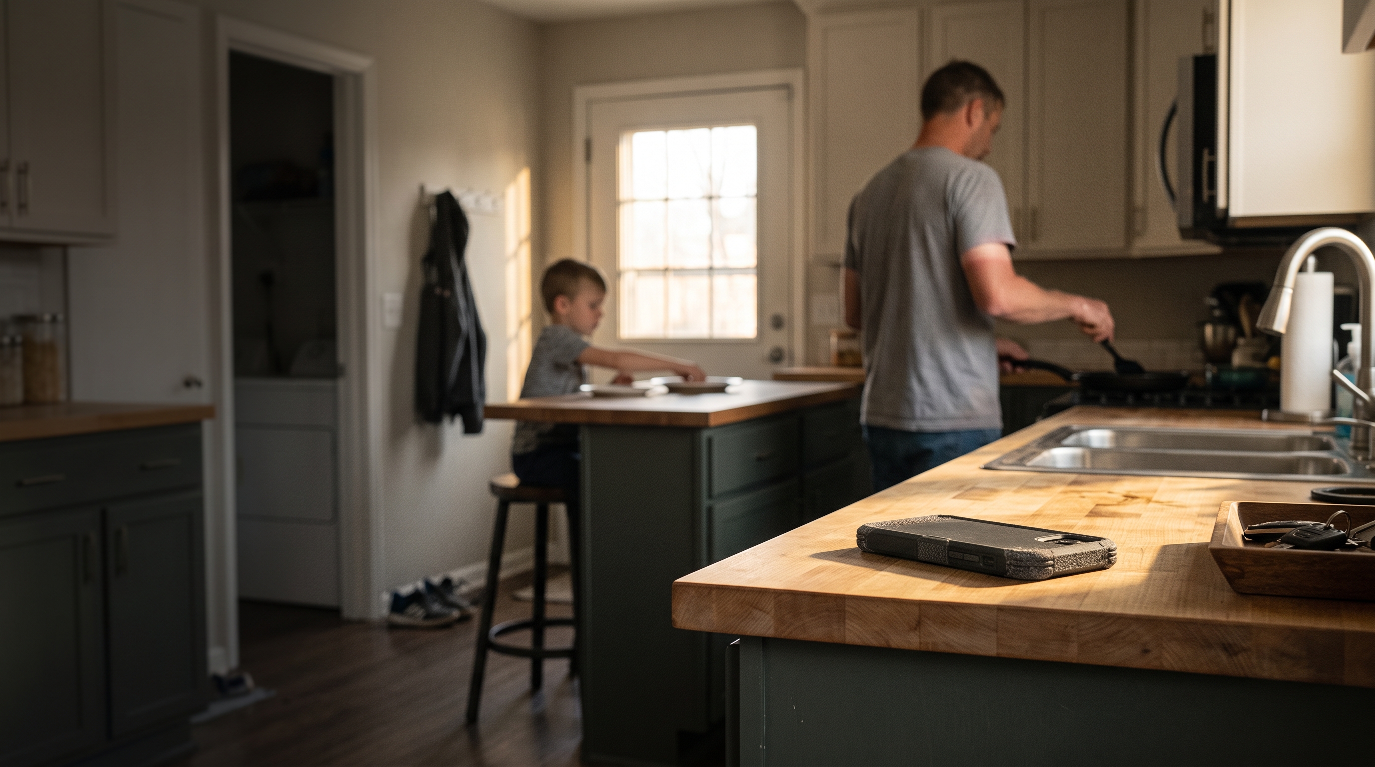 Saturday morning in a family kitchen: a father cooks at the stove while his young son sets plates at the counter, and a work phone in a rugged case lies face down on the butcher block in the foreground.