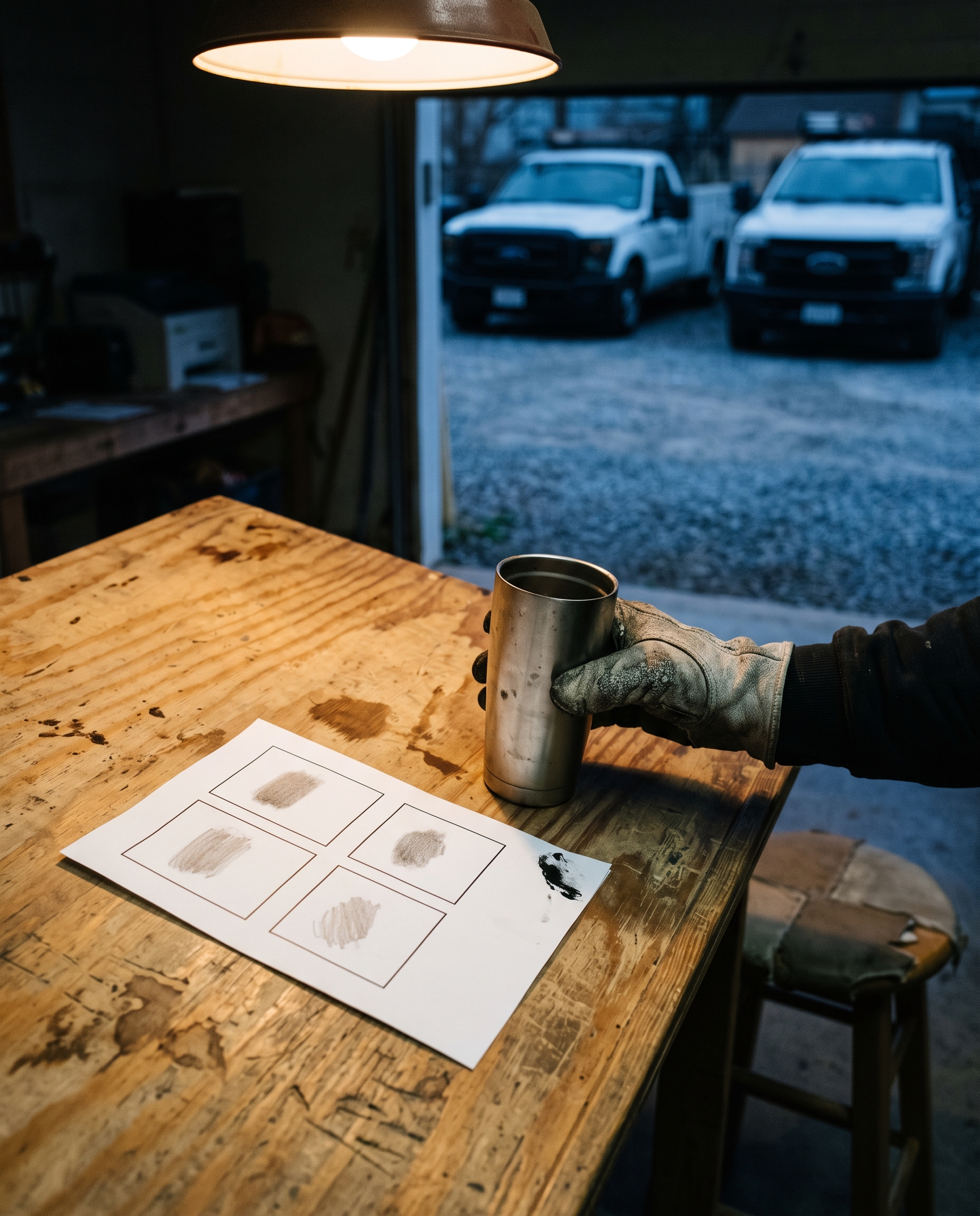 Monday before dawn in a roofer's shop office: a gloved hand sets a steel coffee cup beside one page of four ruled boxes, with two white work trucks parked outside the open bay door.