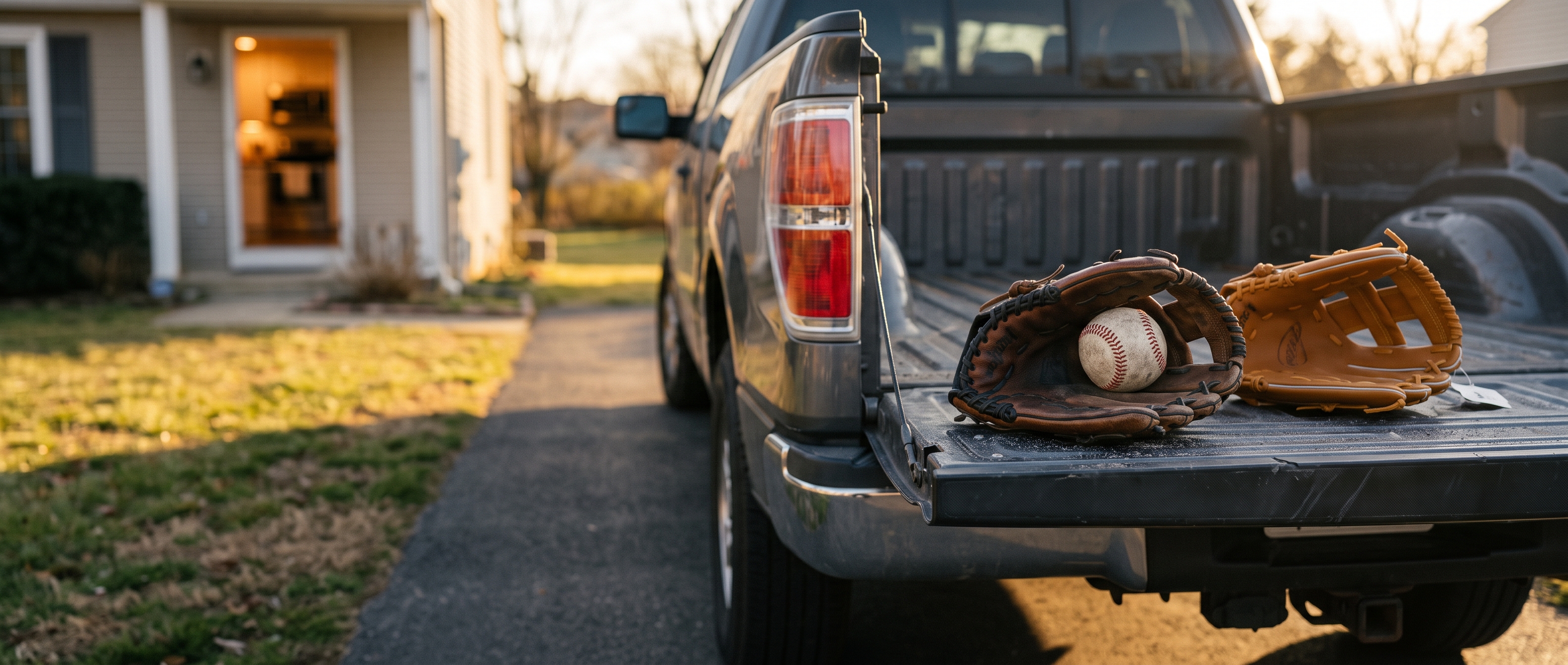 A pickup truck parked in the driveway at golden hour, its tailgate down, with two baseball gloves and a ball resting on it and the front door of the house open behind.