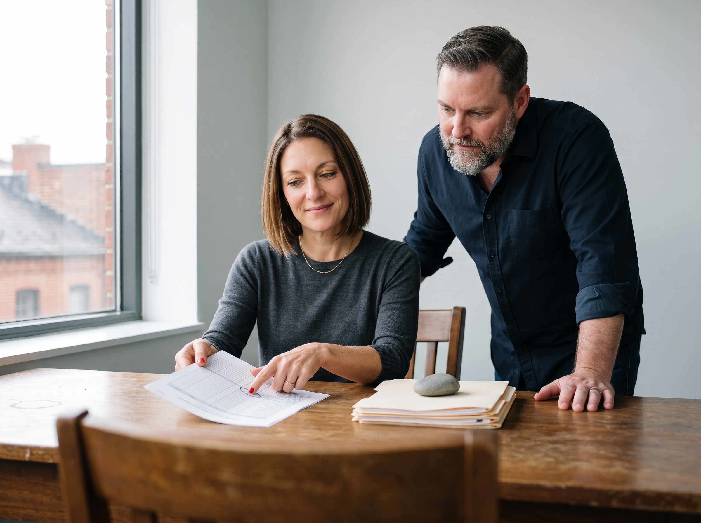 Jessica Laughlin, seated at a wooden desk by a window in Alexandria, points to a circled figure on a printed worksheet while Craig Laughlin Jr leans in beside her to read it, an empty chair waiting across the desk