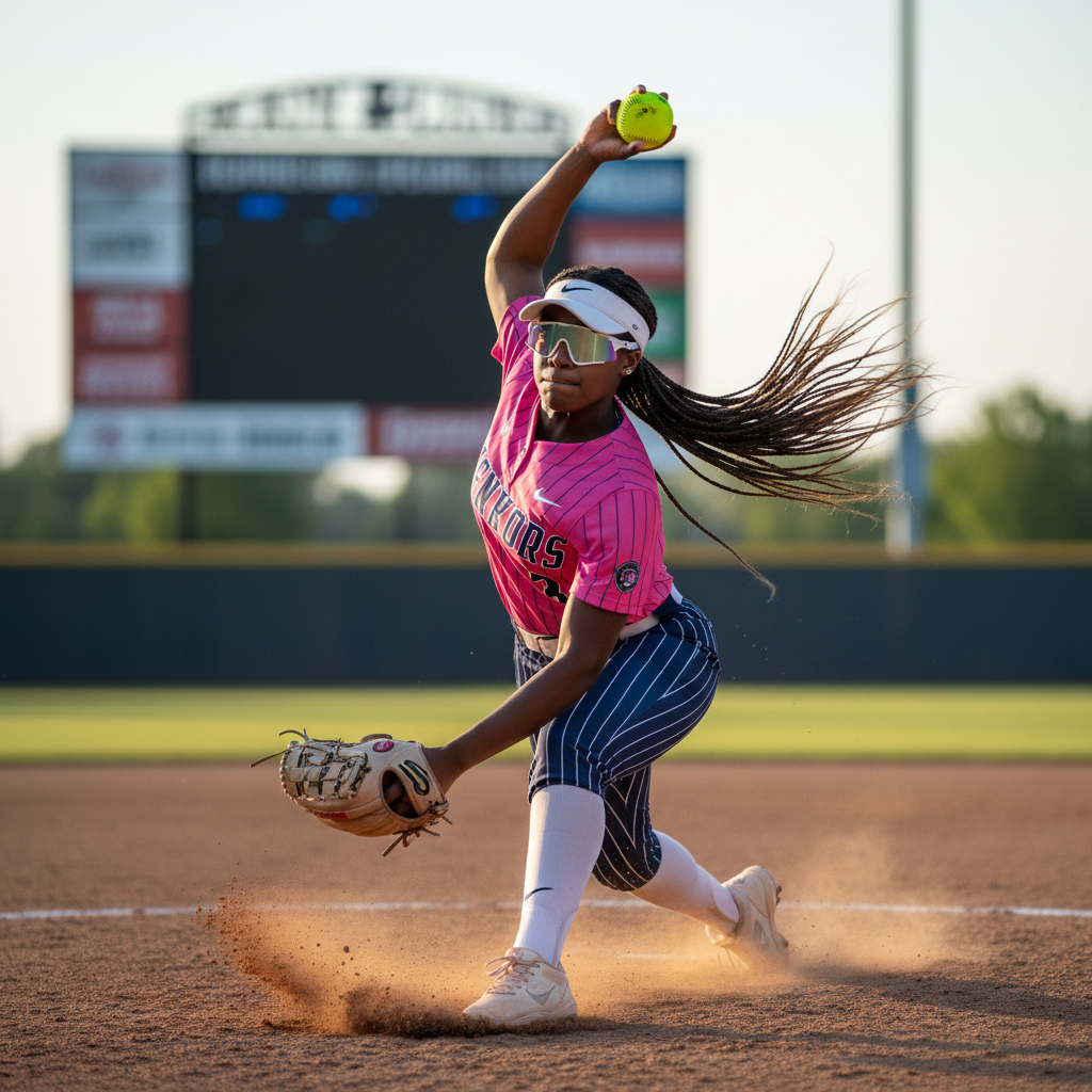 College softball pitcher mid-windmill delivery wearing Next Play