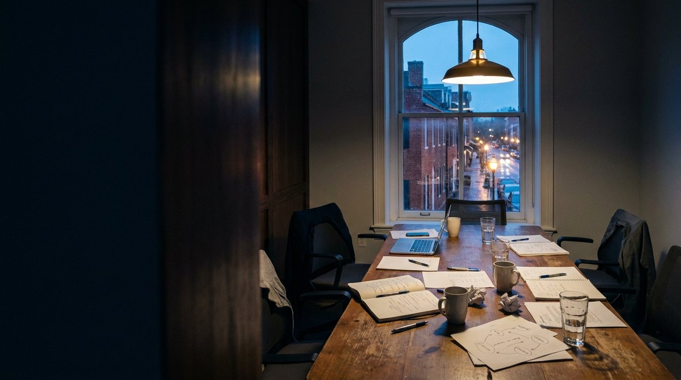 A conference-room table after a working session, notebooks and coffee cups, King Street through the window