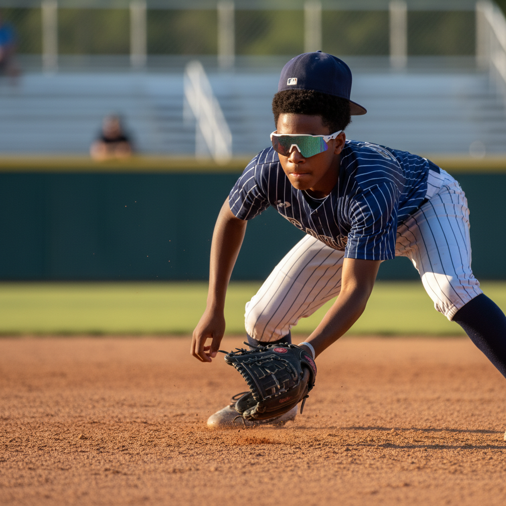 Travel ball shortstop fielding a grounder wearing Next Play