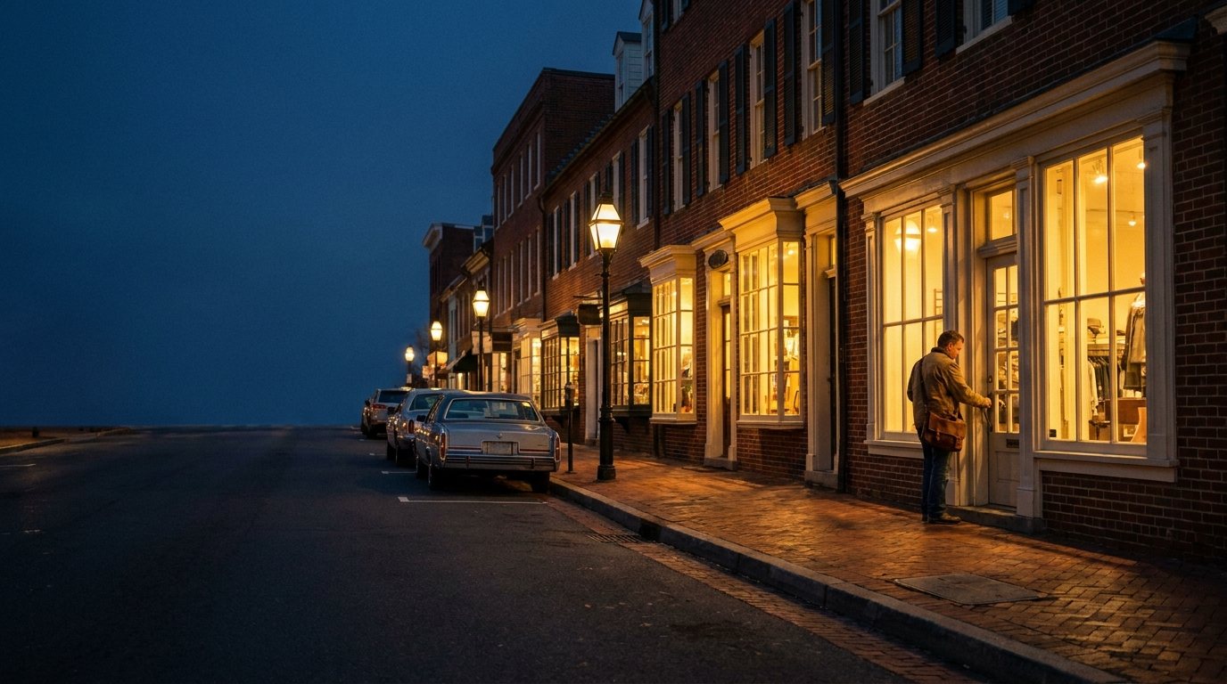 King Street in Old Town Alexandria at dusk, a shop owner locking up for the night