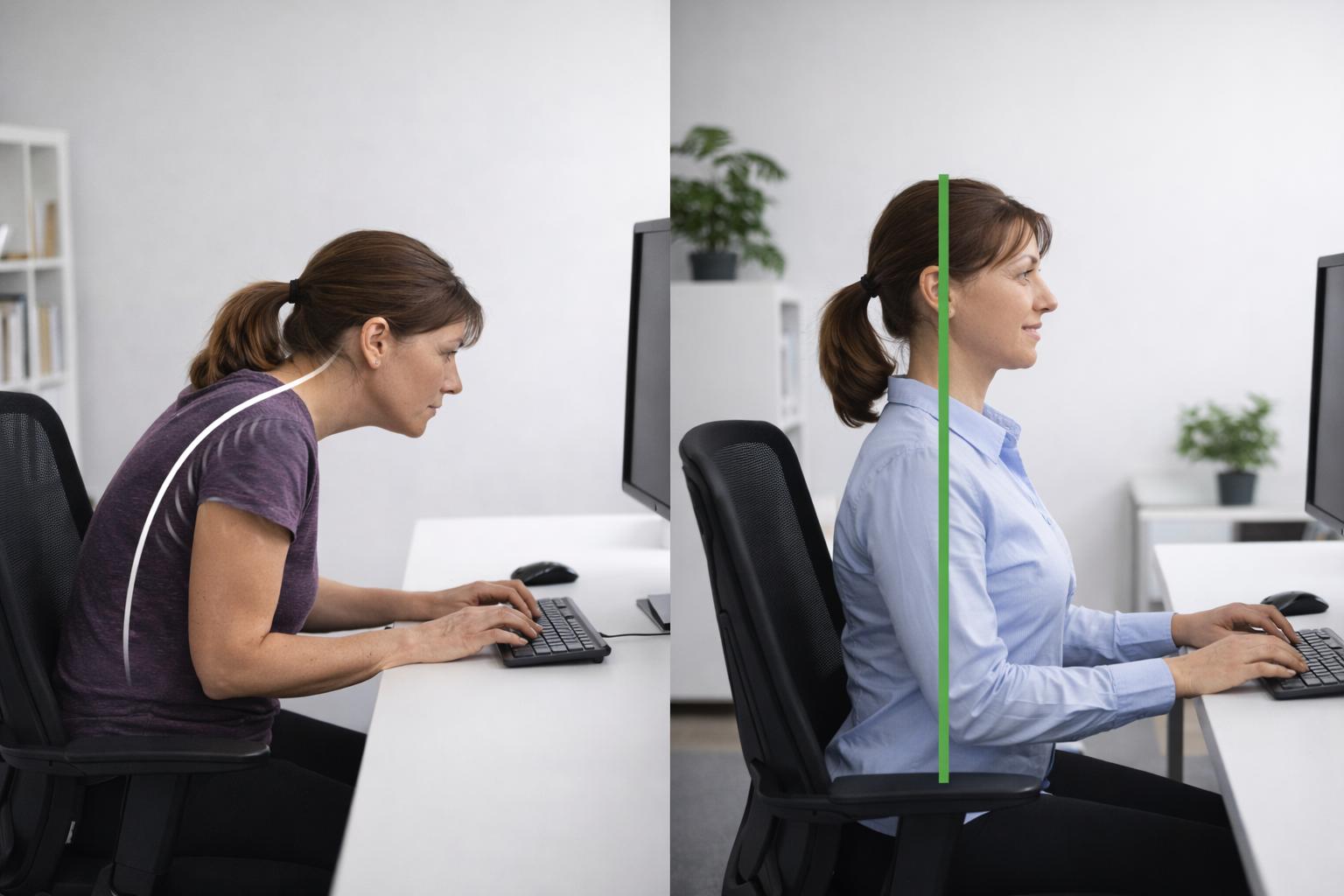 Woman over 40 using proper desk posture to reduce tech neck and rounded shoulders Woman over 40 using proper desk posture to reduce tech neck and rounded shoulders