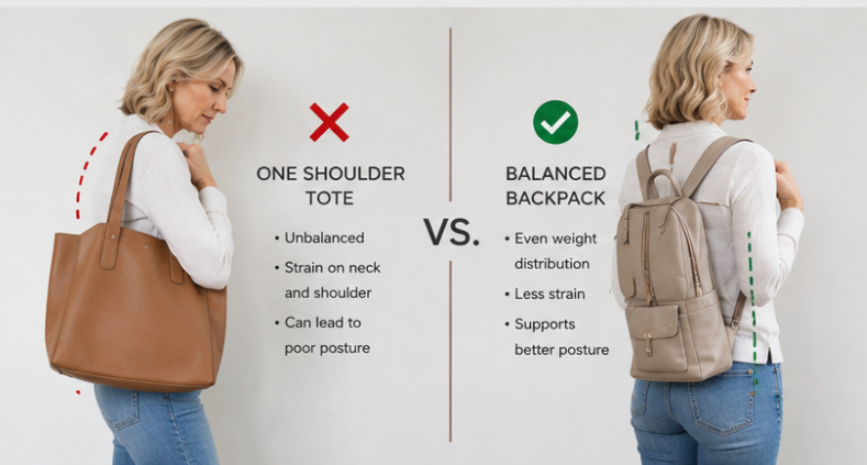 Midlife woman choosing a balanced handbag to protect her shoulder and posture Midlife woman choosing a balanced handbag to protect her shoulder and posture