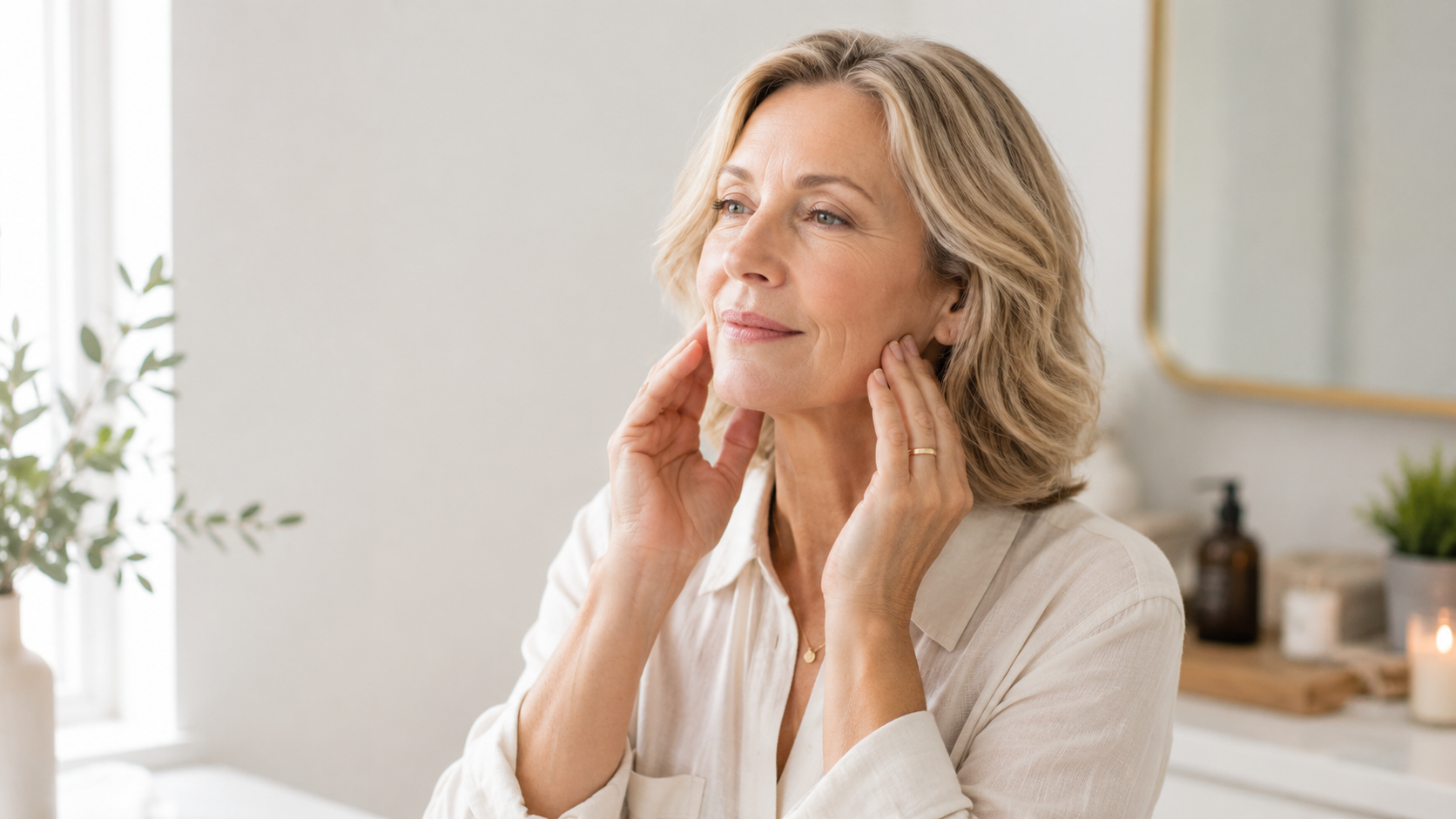 Midlife woman relaxing jaw tension to soften her facial expression naturally Midlife woman relaxing jaw tension to soften her facial expression naturally