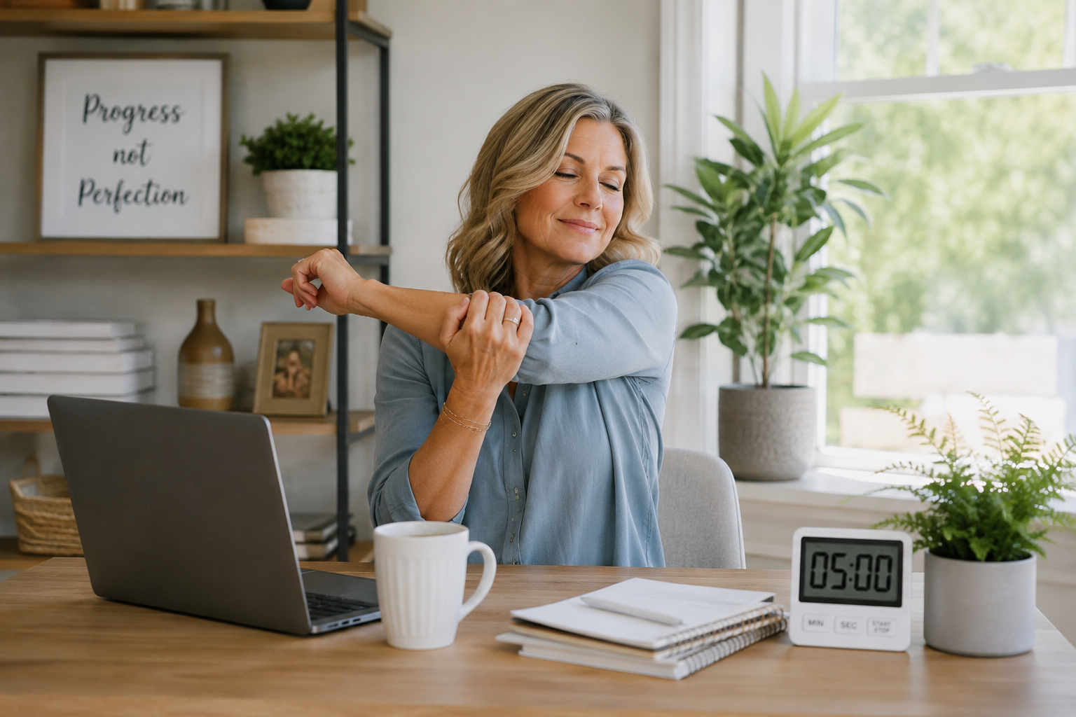 Five-minute posture routine for midlife women to reduce slouching and facial tension Five-minute posture routine for midlife women to reduce slouching and facial tension