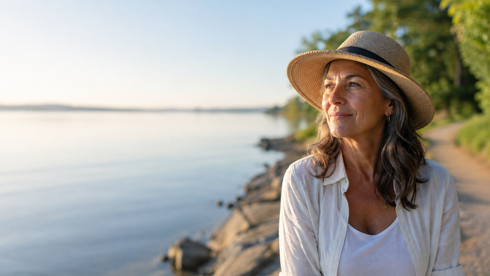 Midlife woman wearing a wide-brimmed hat while enjoying gentle morning sunlight outdoors Midlife woman wearing a wide-brimmed hat while enjoying gentle morning sunlight outdoors