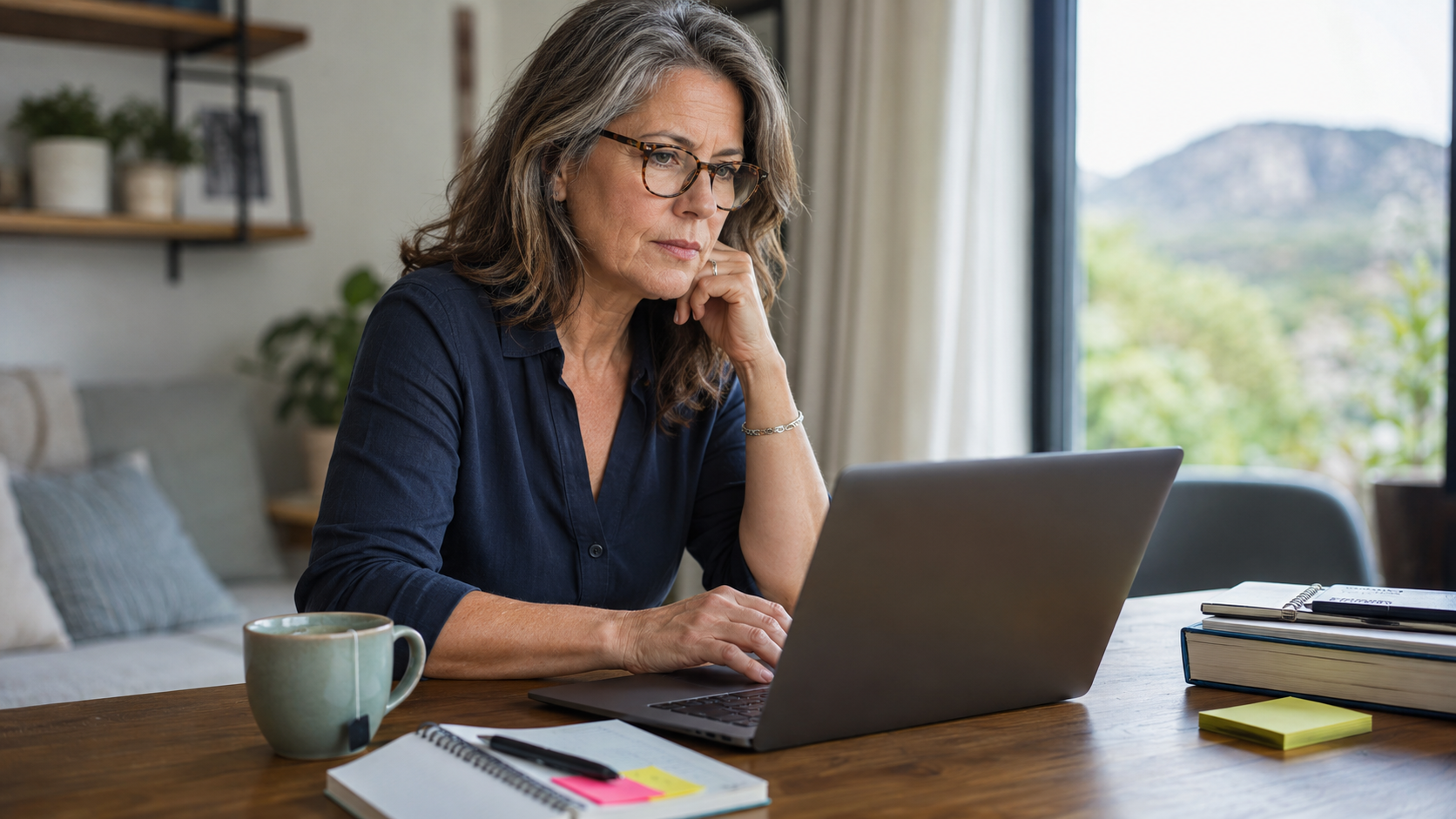 Woman working at a laptop with notes, book-launch materials, tea, and a slightly tense posture Woman working at a laptop with notes, book-launch materials, tea, and a slightly tense posture