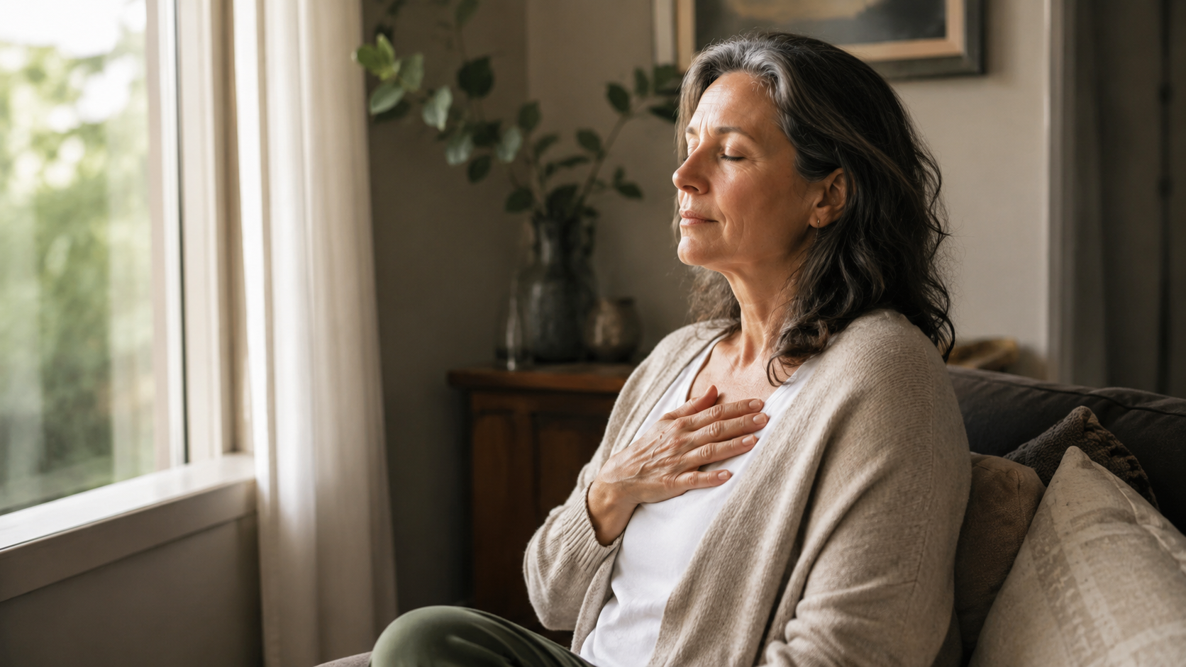Midlife woman sitting quietly with relaxed shoulders and one hand over her heart Midlife woman sitting quietly with relaxed shoulders and one hand over her heart