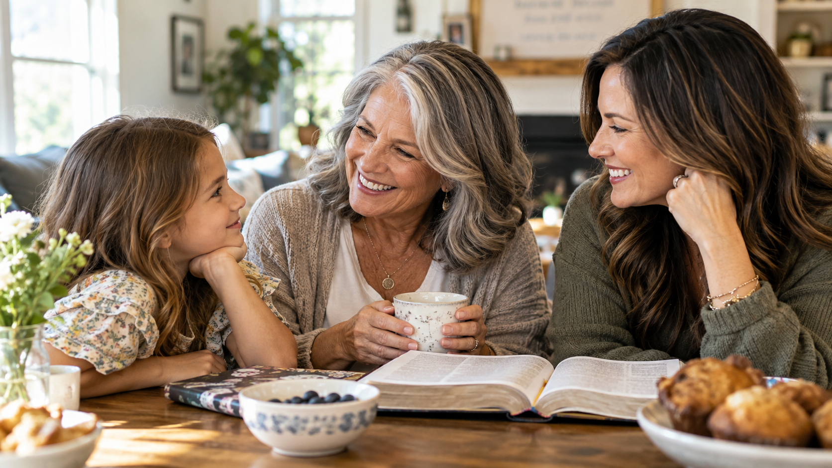 Mother, adult daughter and granddaughter together, reflecting how a woman’s God-given identity influences the next generation. Mother, adult daughter and granddaughter together, reflecting how a woman’s God-given identity influences the next generation.