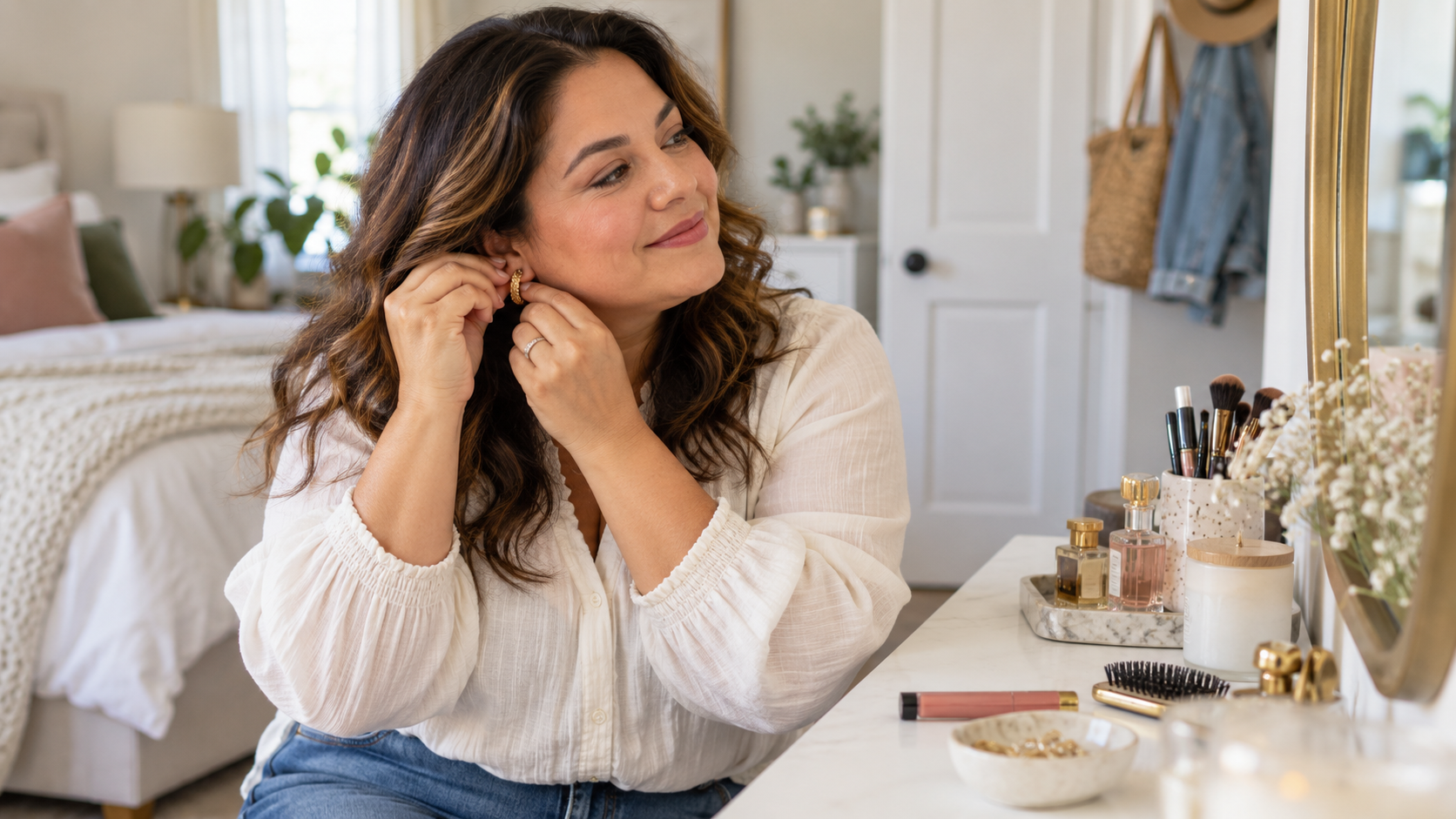 Midlife woman fastening her earrings while getting ready, reflecting confidence and God-given identity. Midlife woman fastening her earrings while getting ready, reflecting confidence and God-given identity.