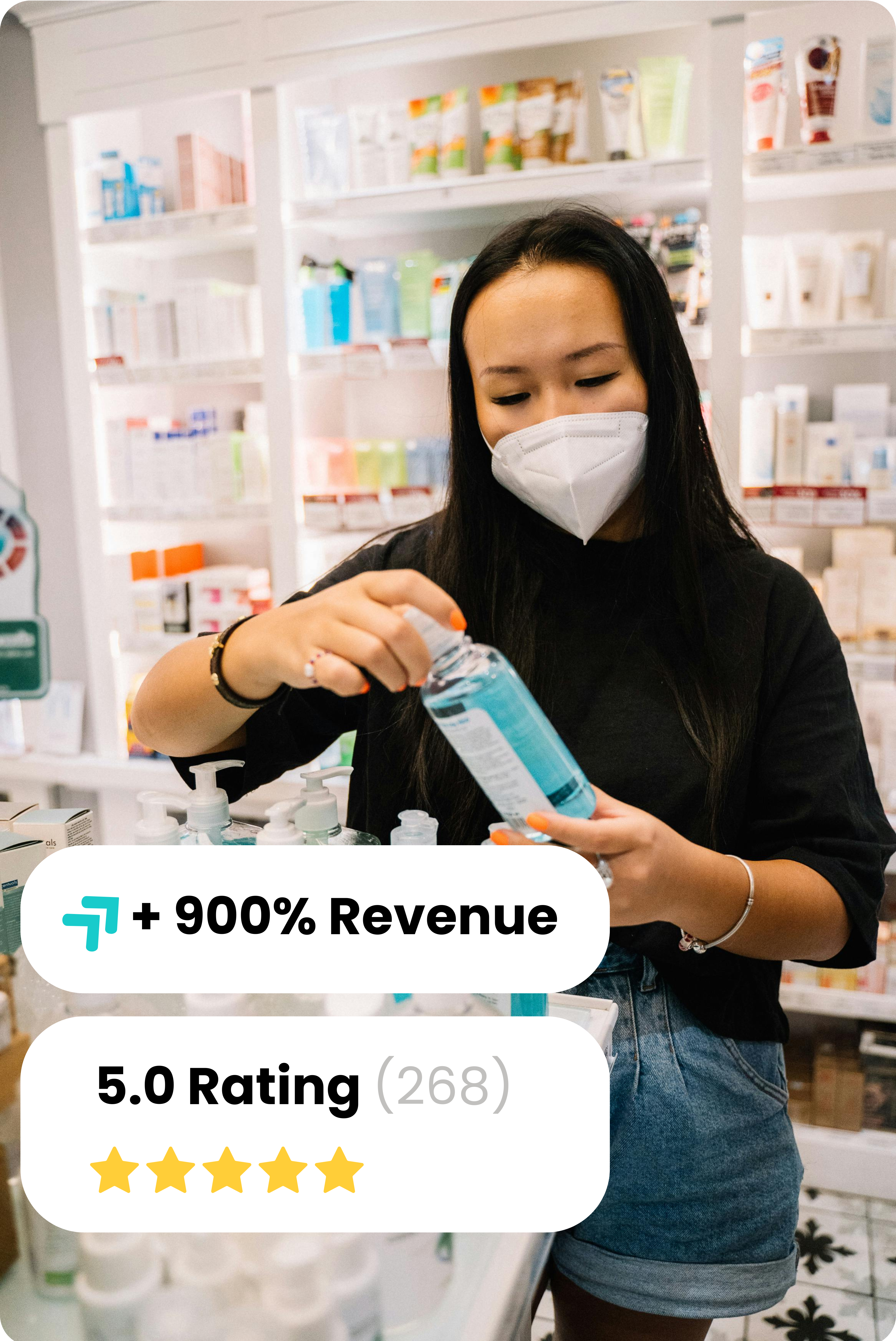Medical professional with face mask holding a product, with overlay showing +900% revenue and 5.0 rating. Digital marketing success for health and aesthetics.