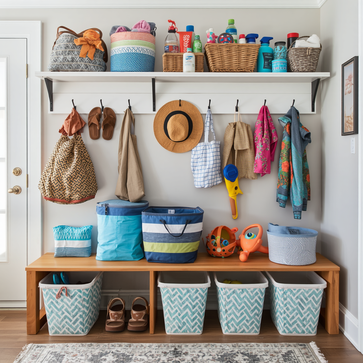  organized front entrance areas for a family home with summer gear: Wall-mounted shelving and hooks for easy access Summer essentials like straw hats, beach bags, and colorful towels Storage baskets and bins at the bottom for shoes, toys, and other items A practical bench or seating area Bright, welcoming spaces with natural light
