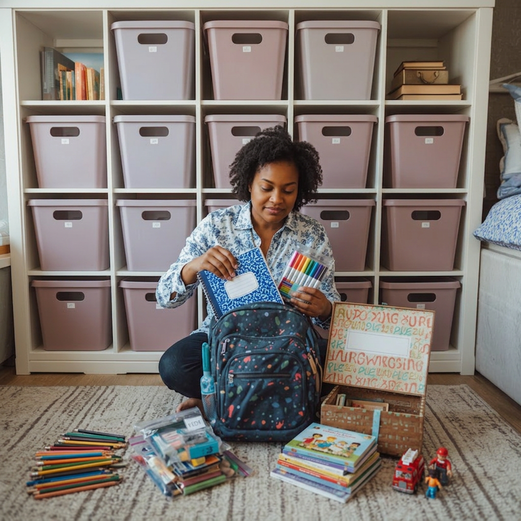A woman sitting on the floor going through a backpack Multiple sorted piles of school items spread out around her A decorative keepsake box for special memories Shelving units behind her with labeled storage bins for different children A warm, organized playroom or bedroom setting The scenes show that practical moment of end-of-school-year sorting—deciding what to keep, what to recycle, and what deserves a special place in the memory box.