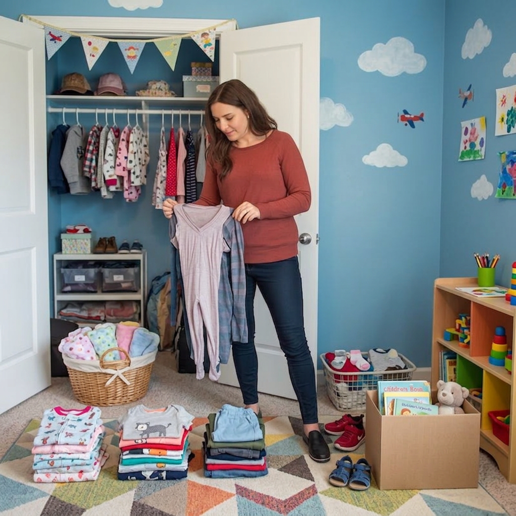 A woman pulling clothes from the closet that no longer fit Organized piles of clothing sorted by category on the floor A neat, well-organized bedroom with tidy shelving and storage An open closet showing the sorting process in action The images capture that practical moment of seasonal or growth-related clothing purges, with everything being thoughtfully categorized for donation, hand-me-downs, or storage.