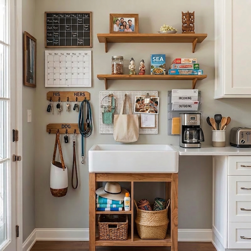 Wall-mounted calendars and organizational boards for tracking family schedules Mail organizers and bulletin boards for important papers and reminders Key hooks and storage for everyday essentials Charging stations or device areas Practical storage solutions like baskets and bins Integration into the kitchen space with coordinating decor These command centers show different styles and layouts, all designed to keep family life organized and running smoothly with everything in one central, accessible location.