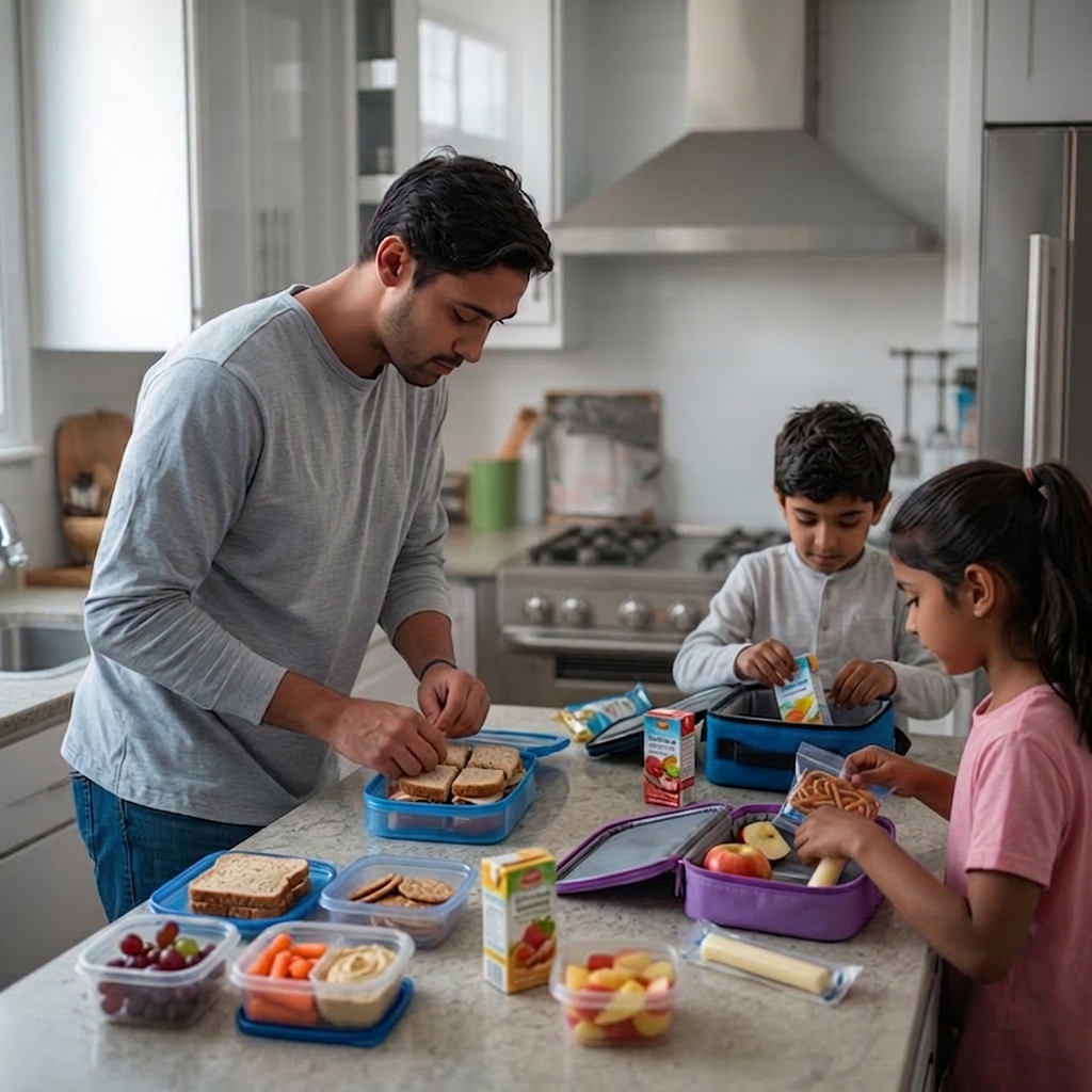 A father working together with his kids at the kitchen counter Lunch boxes and containers being packed with healthy food Fresh fruits, vegetables, and nutritious meal components A clean, organized kitchen space A warm, collaborative family moment of meal prep The images show that practical routine of getting ready for summer camp, with everyone pitching in to pack lunches together.