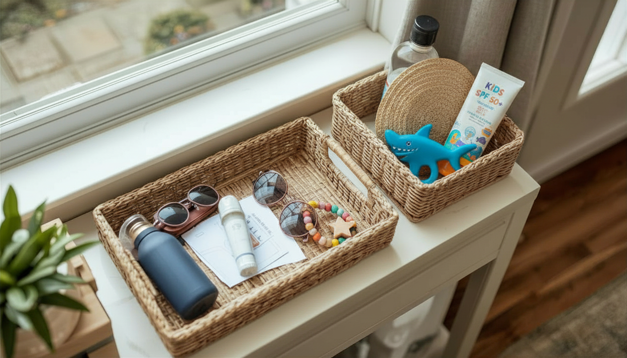 two baskets by the front entrance as a drop zone filled with summer accessories like sunglasses and suncreen two baskets by the front entrance as a drop zone filled with summer accessories like sunglasses and suncreen