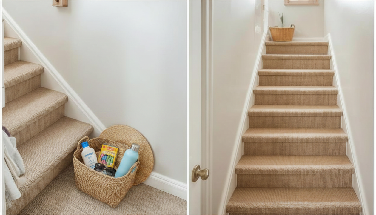 a basket sitting at the bottom of the stairs and the top of the stairs with items inside a basket sitting at the bottom of the stairs and the top of the stairs with items inside