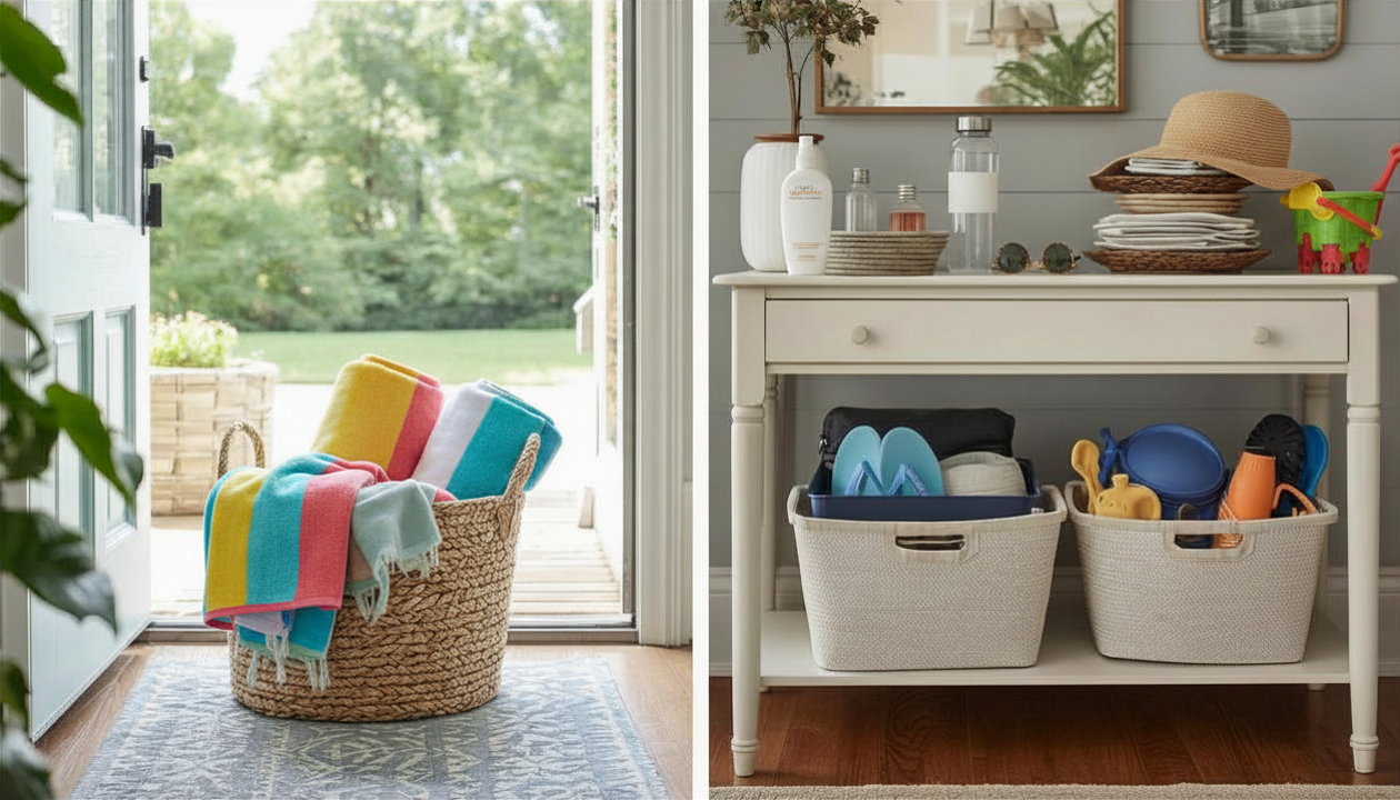 Bright, sunlit home entryway scene with a wicker basket of colorful beach towels by the door and a console table holding neatly organized summer essentials in bins and on top, including sunscreen, hats, sunglasses, and a water bottle. Bright, sunlit home entryway scene with a wicker basket of colorful beach towels by the door and a console table holding neatly organized summer essentials in bins and on top, including sunscreen, hats, sunglasses, and a water bottle.