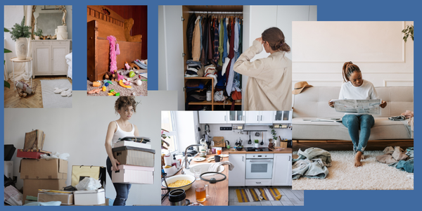 decluttered spaces and women in process of decluttering in a collage decluttered spaces and women in process of decluttering in a collage