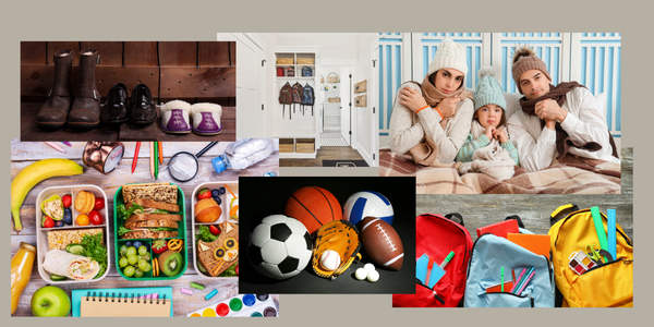 Collage of family in winter gear, school supplies, lunch boxes and winter boots Collage of family in winter gear, school supplies, lunch boxes and winter boots
