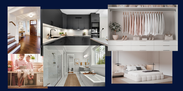 Collage of rooms in a home that are minimalist in style and clutter free Collage of rooms in a home that are minimalist in style and clutter free