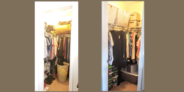 Before and after photo of walk-in closet organized