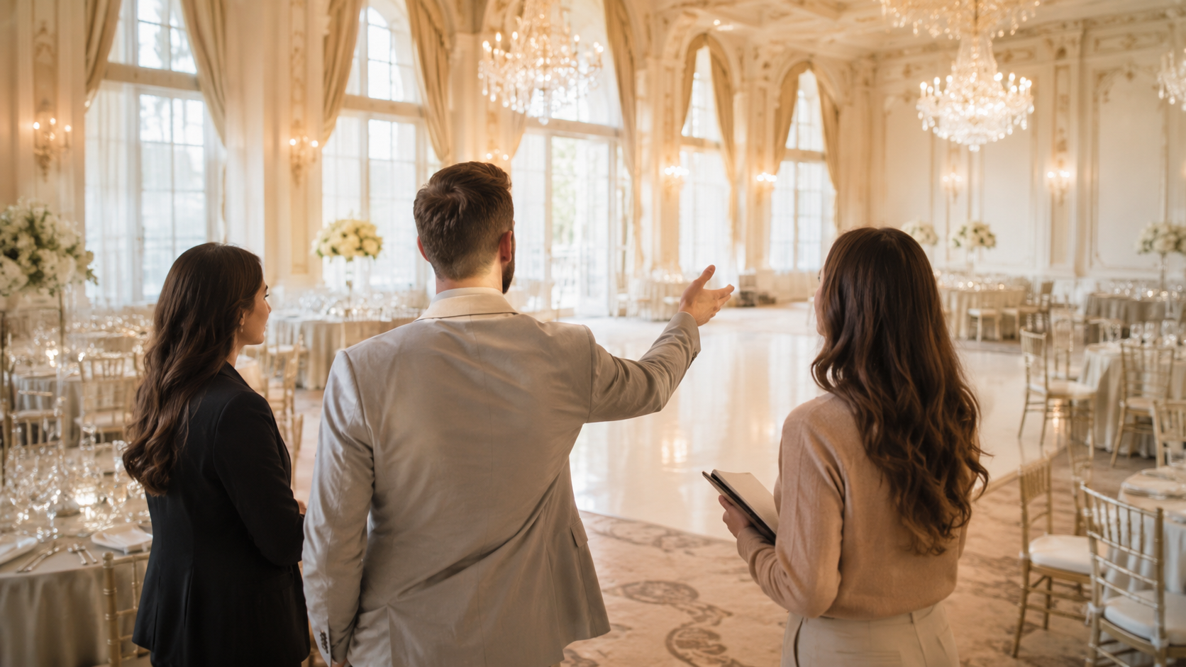 Cuplu la vizionarea unui salon de nuntă - cum alegi localul