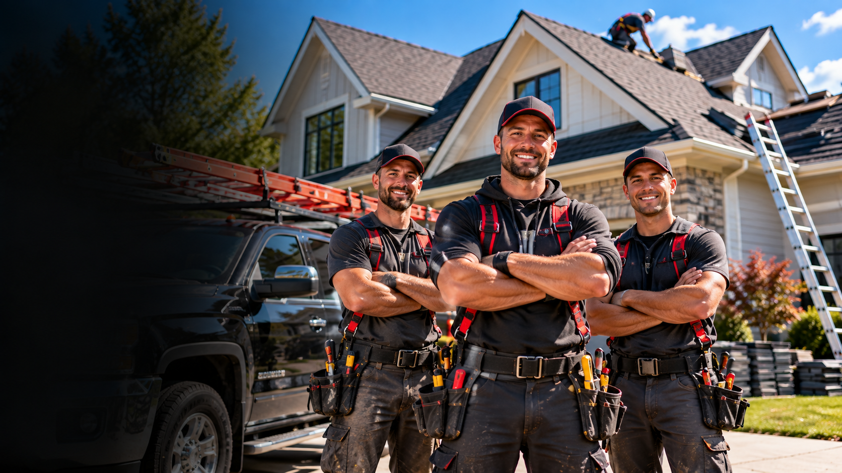 Roofing professional at work on a residential roof