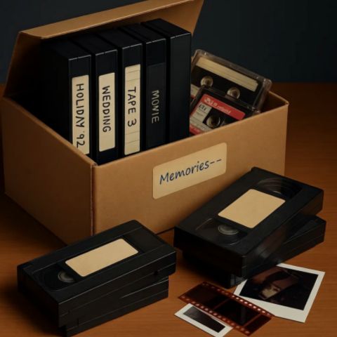 A collection of family keepsakes awaiting preservation, including labeled VHS tapes, cassette tapes, photographic negatives, and printed photos stored in a memory box. The image represents photo digitization, VHS tape conversion, and preserving old family memories by transforming aging media into safe, shareable digital archives for future generations.
