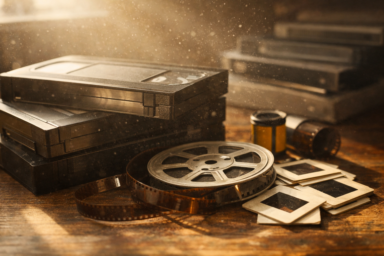 Close-up of stacked VHS tapes, a vintage film reel with loose film strip, and several 35mm slides resting on a wooden table. Warm sunlight streams across the scene, highlighting floating dust particles and creating a soft, nostalgic glow that evokes aging media and the passage of time.