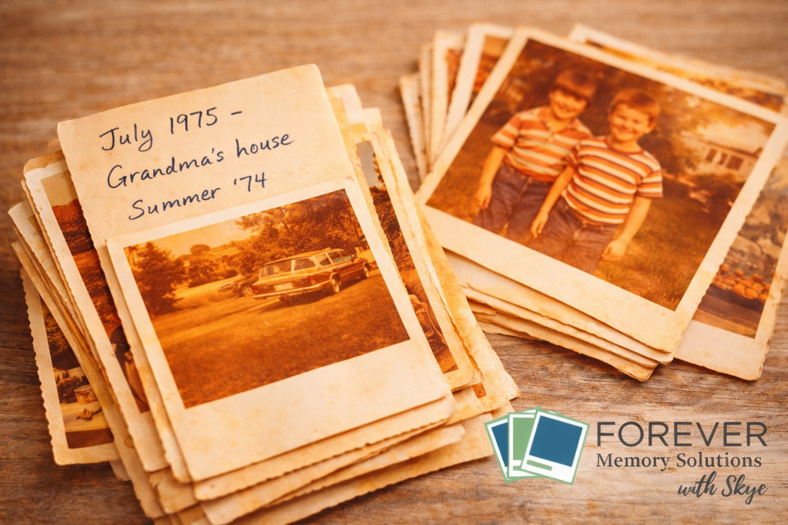 Stack of faded 1970s family photos with warm orange tones and handwritten notes, illustrating old photos that should be digitized to preserve family memories.