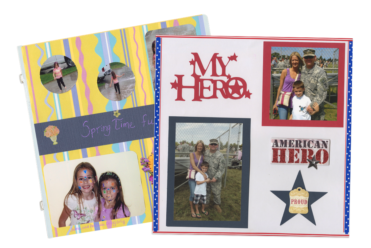 Close-up of two scrapbook pages featuring family photos and decorative elements. One page has colorful striped paper with photos of two girls, including one with face paint, labeled “Spring Time fun.” The other page is a patriotic-themed layout titled “My Hero,” showing a family with a man in military uniform, along with “American Hero” embellishments and star decorations.