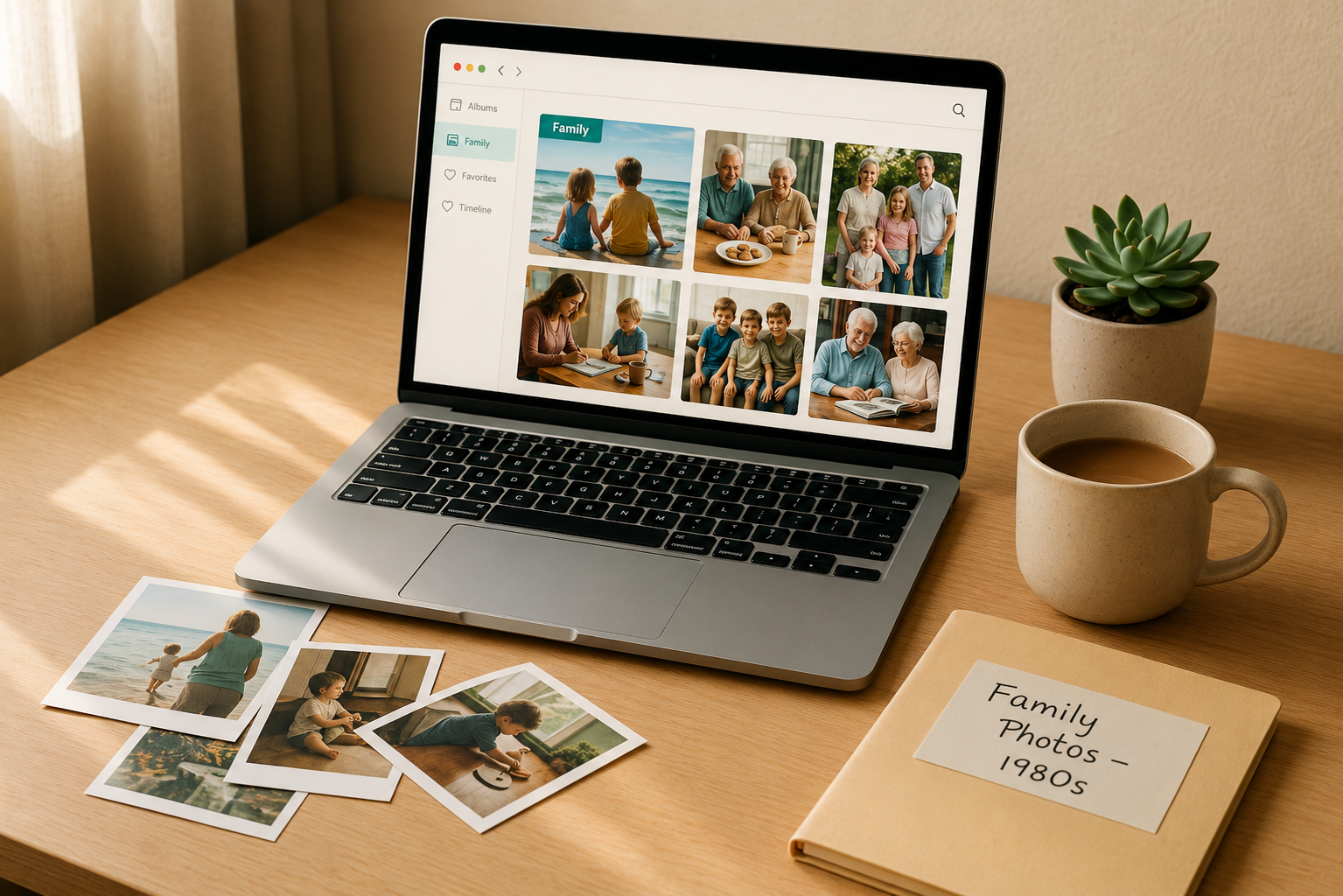 A cozy home workspace with a laptop showing an organized digital photo album, surrounded by loose vintage family photos, a hand-labeled folder reading "Family Photos – 1980s," and a cup of tea — warm morning light, organized and hopeful