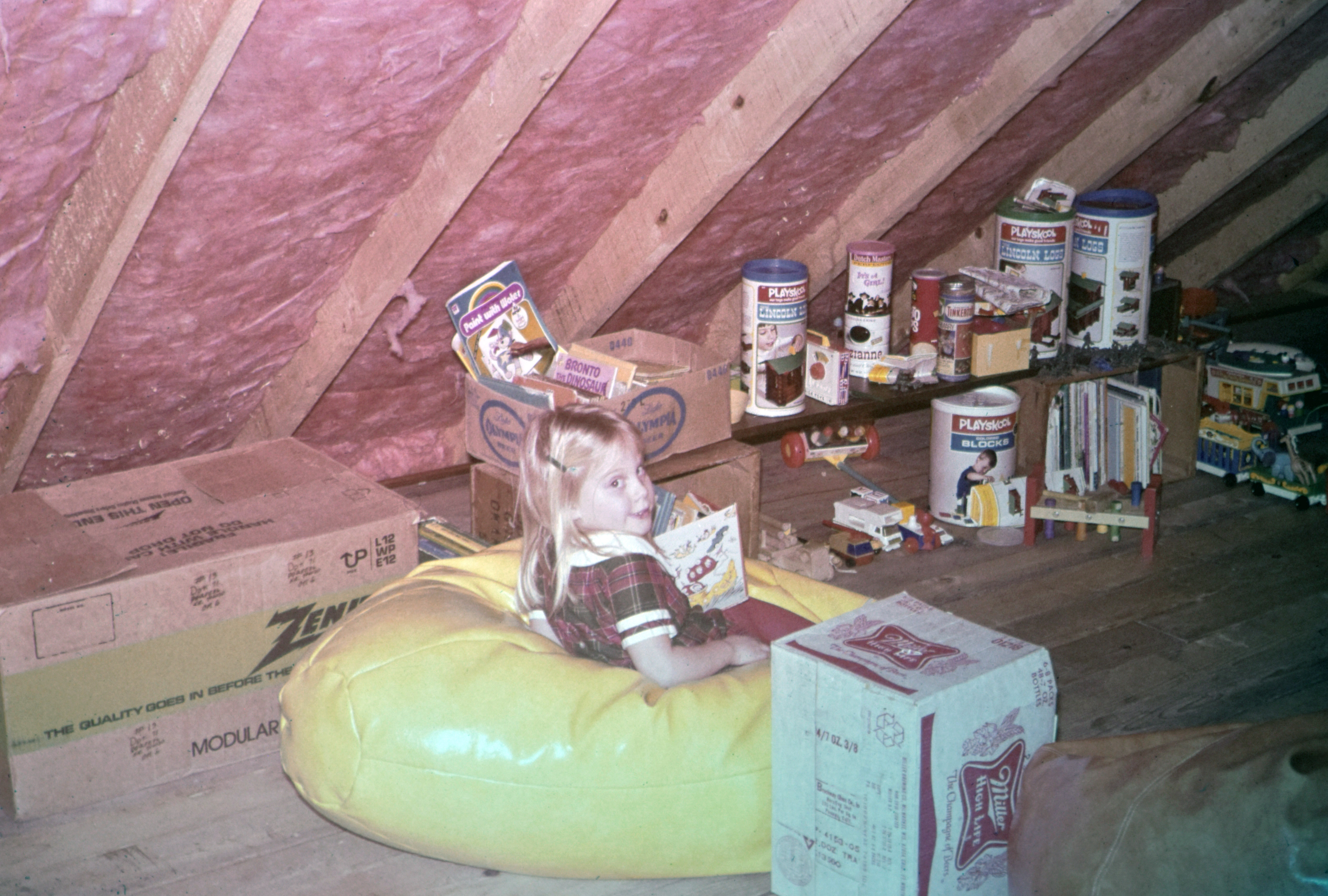 Childhood photo from around 1977 showing Skye sitting in a beanbag in the family's temporary living space while her father was building their home. Childhood photo from around 1977 showing Skye sitting in a beanbag in the family's temporary living space while her father was building their home.