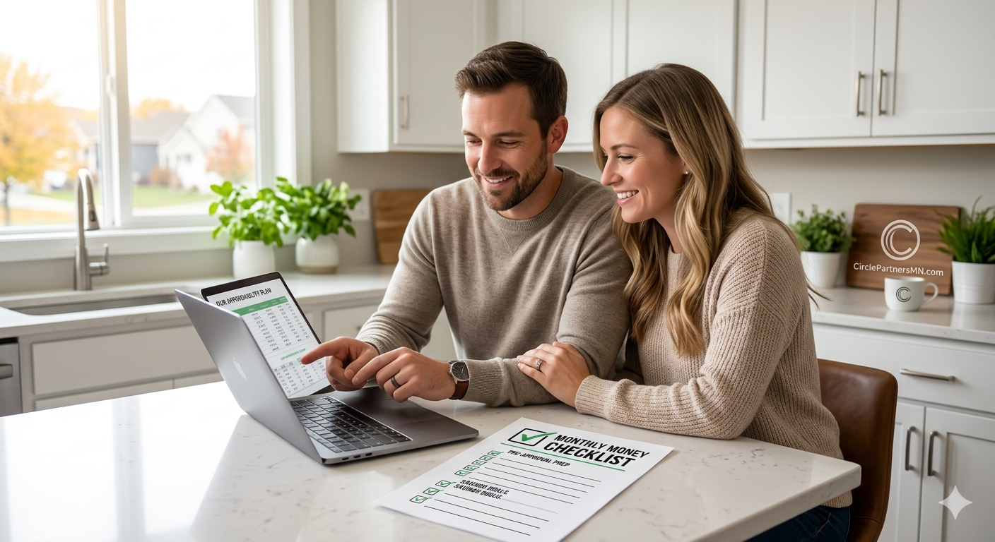 high-quality photo of a couple sitting calmly at a clean kitchen table or island, looking at numbers on a laptop. Perhaps they have a 'financial checklist' document visible. They look focused and relaxed, emphasizing the confidence a budget provides