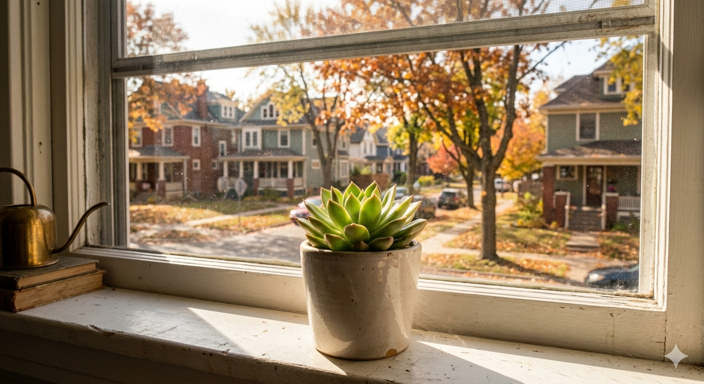 a small, vibrant, healthy succulent plant growing in a simple ceramic pot. The pot sits on a window sill overlooking a classic, stable Minneapolis neighborhood in autumn. Sunlight streams in, illuminating the plant.