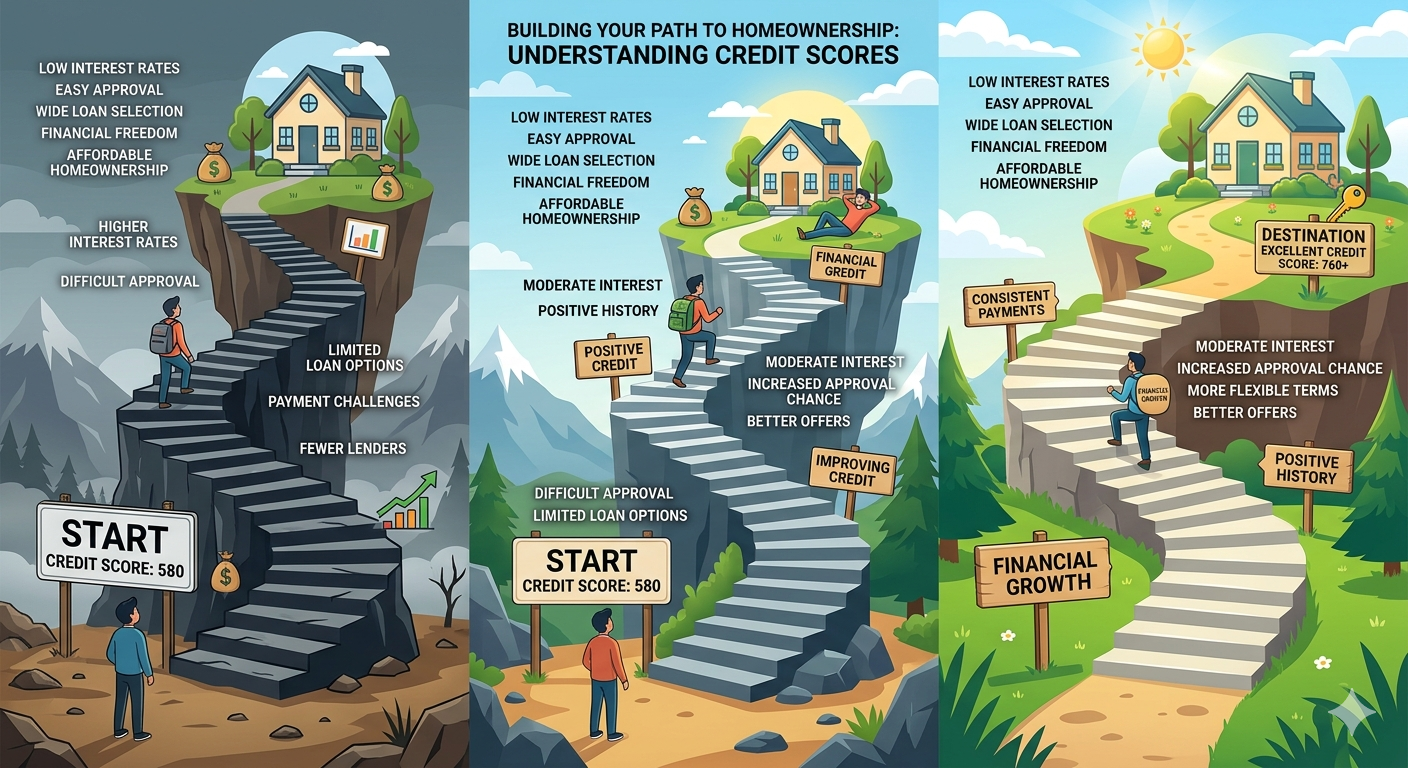 educational graphic visualizing a rising path or staircase. At the bottom, a low score (e.g., 580) with descriptions like "Higher Interest" and "Difficult Approval." The path rises, leading to a high score (e.g., 760) at the top, with descriptions like "Low Interest" and "Easy Approval," with a stylized icon of a house at the top