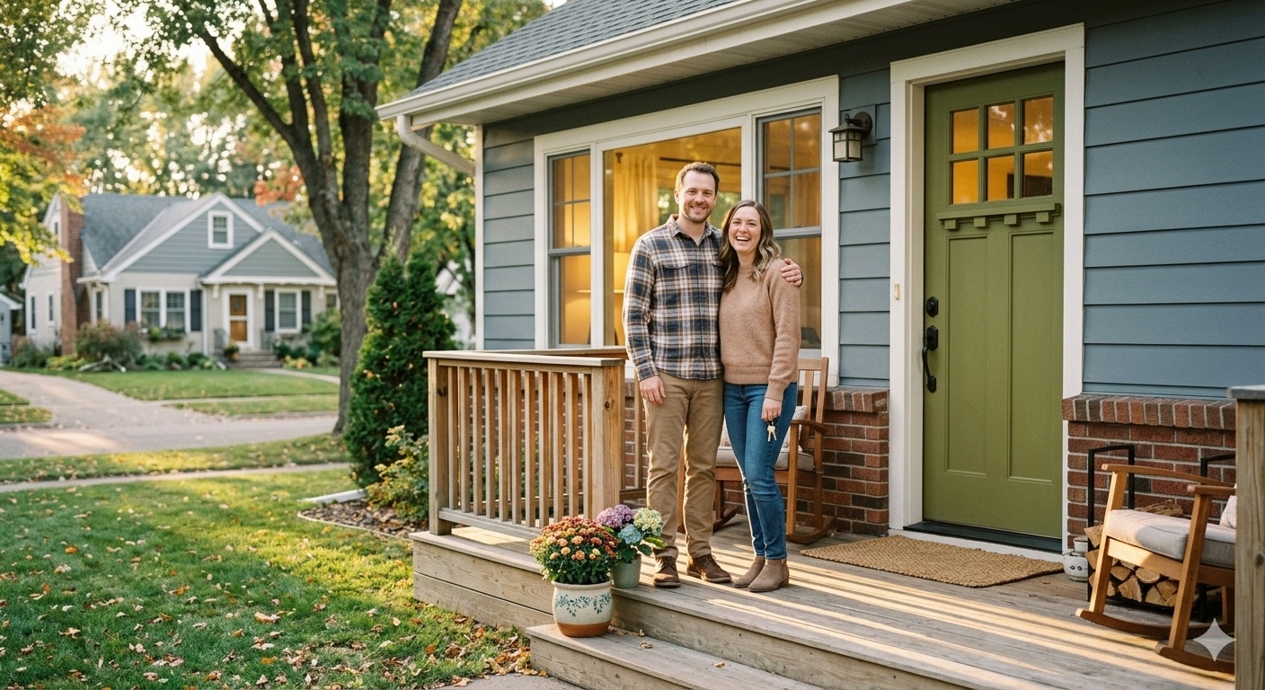 an empathetic photo focusing on stability. A person or couple, with relaxed, happy expressions, is standing on the front porch of a charming, well-maintained Minnesota home in a suburb like Roseville or Coon Rapids.