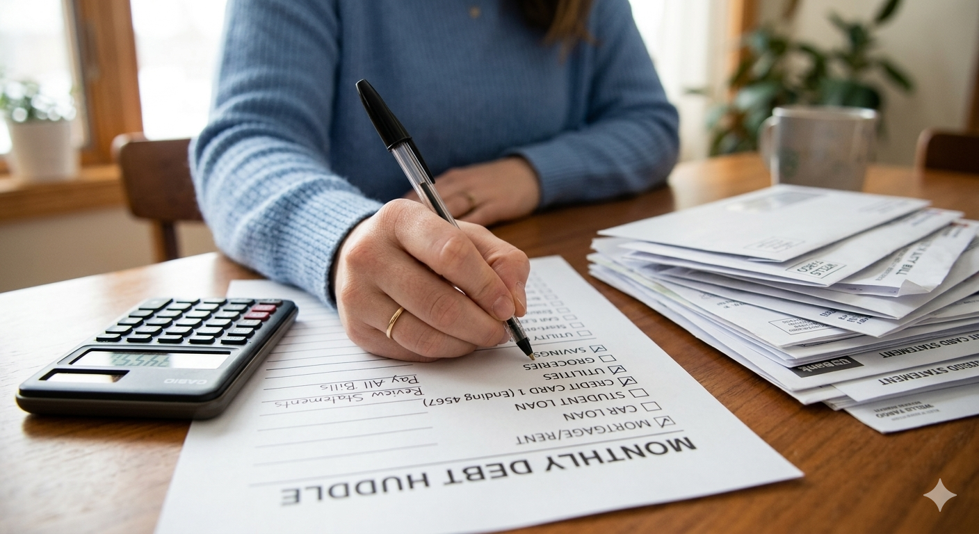 a well-lit close-up shot of a determined person’s hand. The hand is holding a clean black pen and is making checkmarks on a physical, organized paper checklist labeled "MONTHLY DEBT HUDDLE." Next to the checklist is a simple pocket calculator and a growing pile of organized mail/statements. This visualizes the action of auditing your own finances and being in control