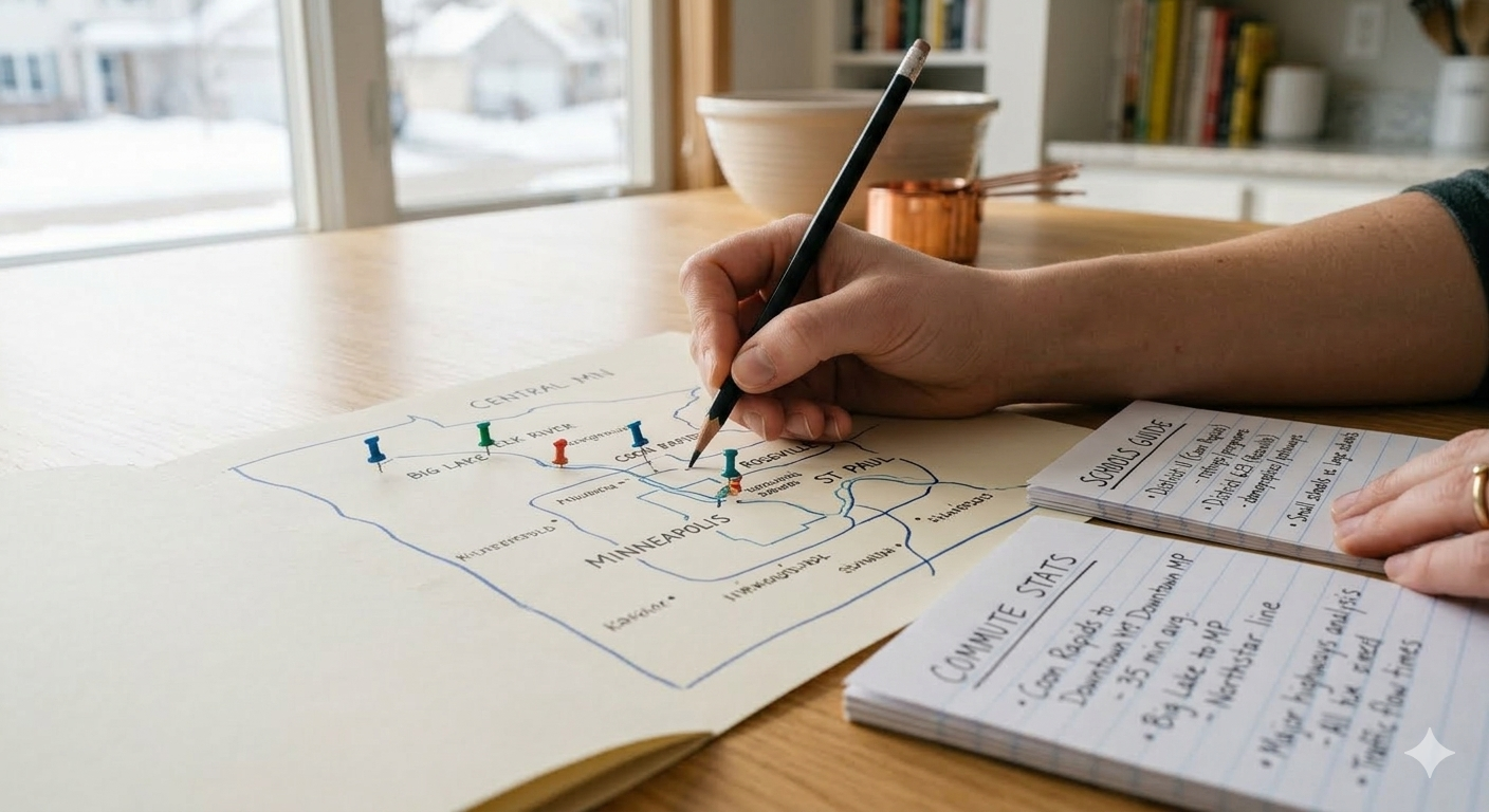 A well-lit close-up shot of a determined person’s hand. The hand is holding a clean black pencil and is tracing a simple, hand-labeled physical map of the Twin Cities metro and Central MN, which is spread open on a clean kitchen island