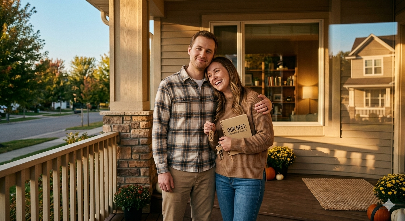 Feature an empathetic photo focusing on stability. A person or couple, with relaxed, happy expressions, is standing on the front porch of a charming, well-maintained Minnesota home in a suburb like Woodbury or Elk River. The late afternoon sunlight is warm and golden. This visualizes the security, pride, and peace of having successfully defined their needs, prioritized their wants, and found the home that is the perfect fit for their true strategic goal