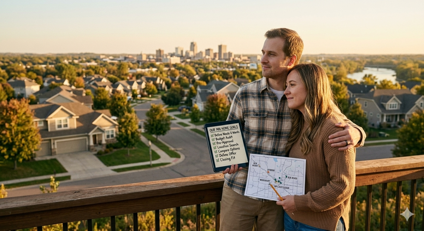 a well-lit close-up warm photo focused on action and control. A person or couple, with relaxed, happy expressions, is standing on the front porch of a charming, well-maintained older Minnesota home in a suburb like Roseville or Coon Rapids. Sunlight streams from a nearby window.