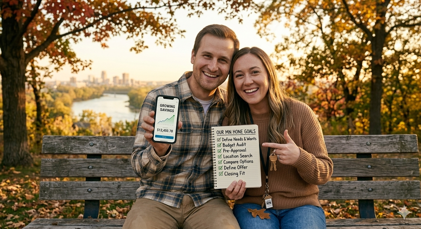 ouple, with expressions of genuine relief and excitement, are sitting on a simple park bench in a Twin Cities or St. Cloud metro park (like Minnehaha Falls or Lake George)