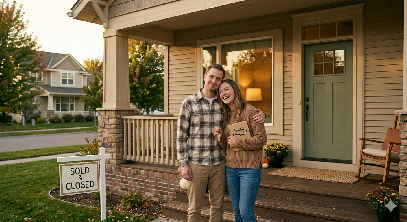A person or couple, with expressions of genuine relief and excitement, are standing on the front porch of a charming, well-maintained larger older Minnesota family home in a suburb like Roseville or Coon Rapids.