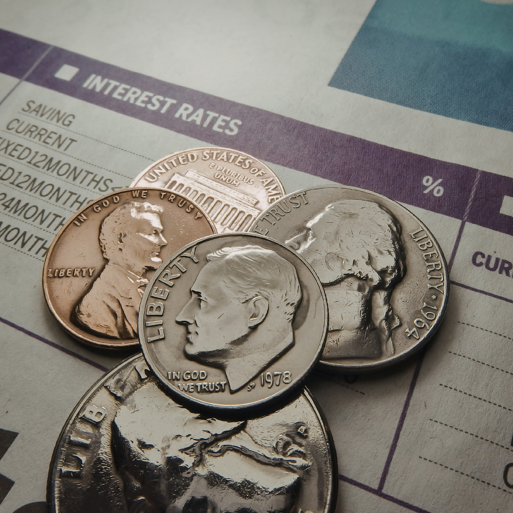 Image of Interest rates, pennies, quarters nickels and dimes. 